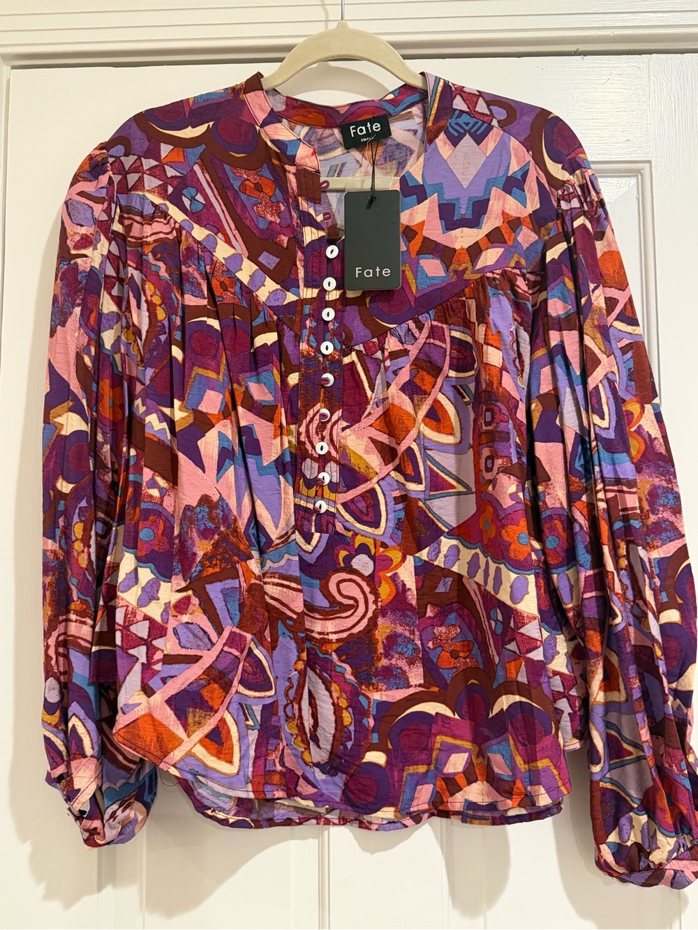 Fate Multicolor Printed Long-Sleeve Peasant Blouse